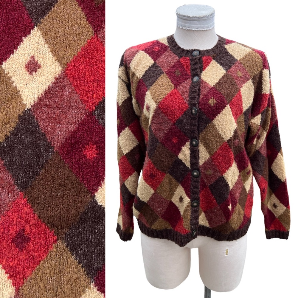 Vintage Talbots Argyle Boucle Knit Red & Tan Button Up Cardigan Sweater